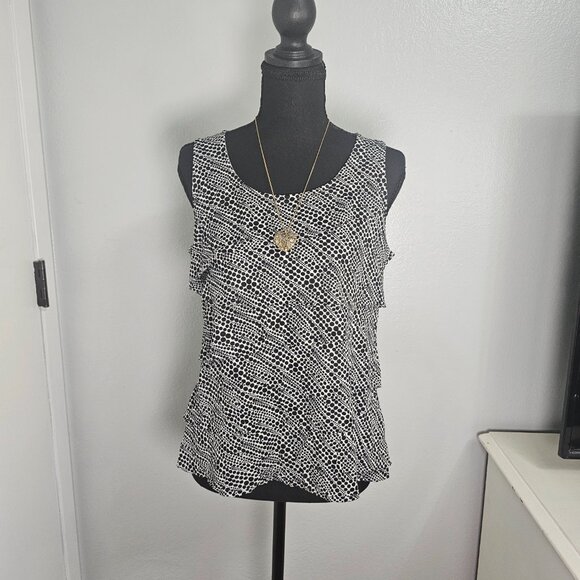 Chico's Black & White Polka Dot Ruffle Front Sleeveless Blouse Size 1 / Small - Picture 2 of 6